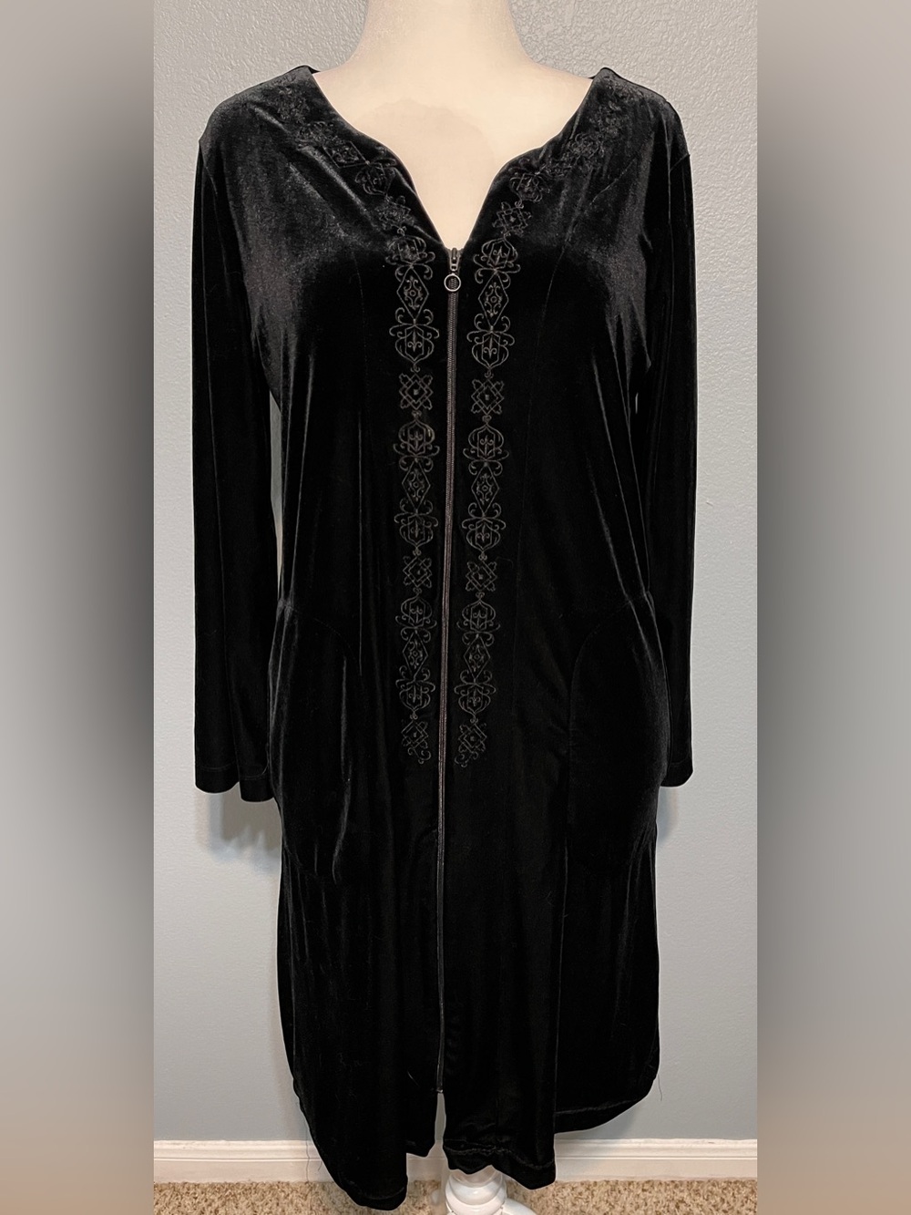 Nottibianche Black Velvet Embroidered Zip Duster Dress Whimsigoth Gothic Medium